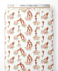 Tissu - Girafes et fleurs roses