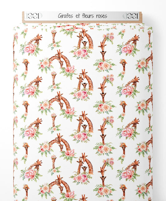 Tissu - Girafes et fleurs roses