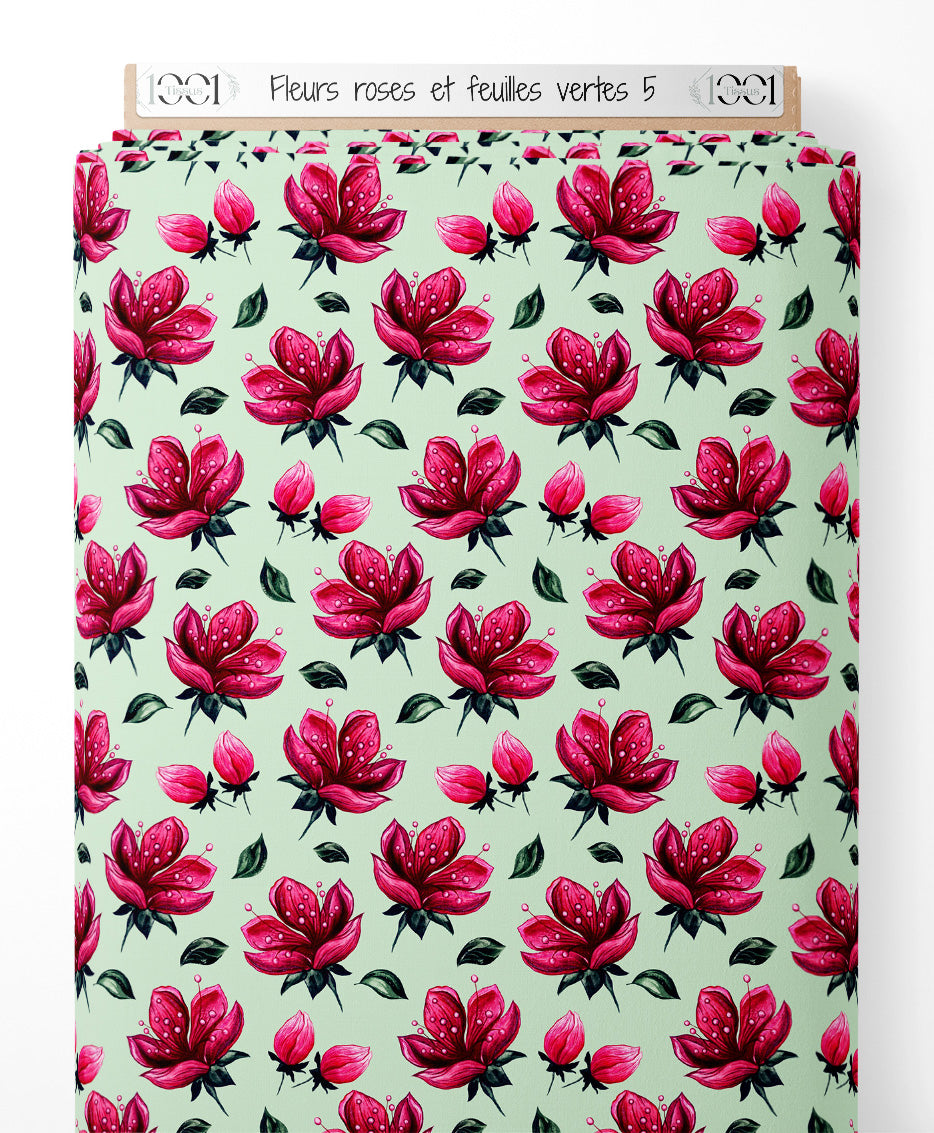Tissu - Fleurs roses et feuilles vertes 5