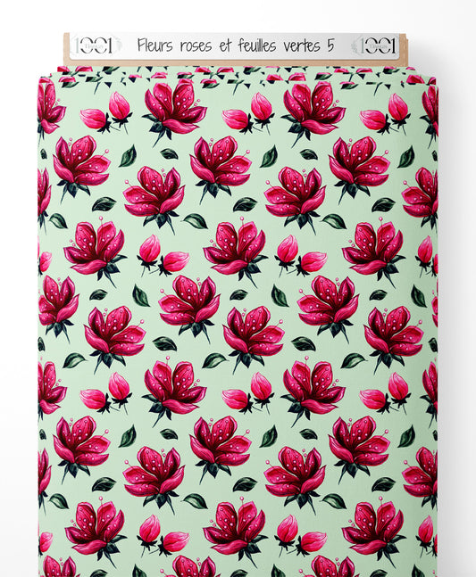 Tissu - Fleurs roses et feuilles vertes 5