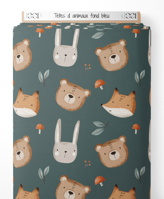 Tissu - Têtes d'animaux sur fond bleu