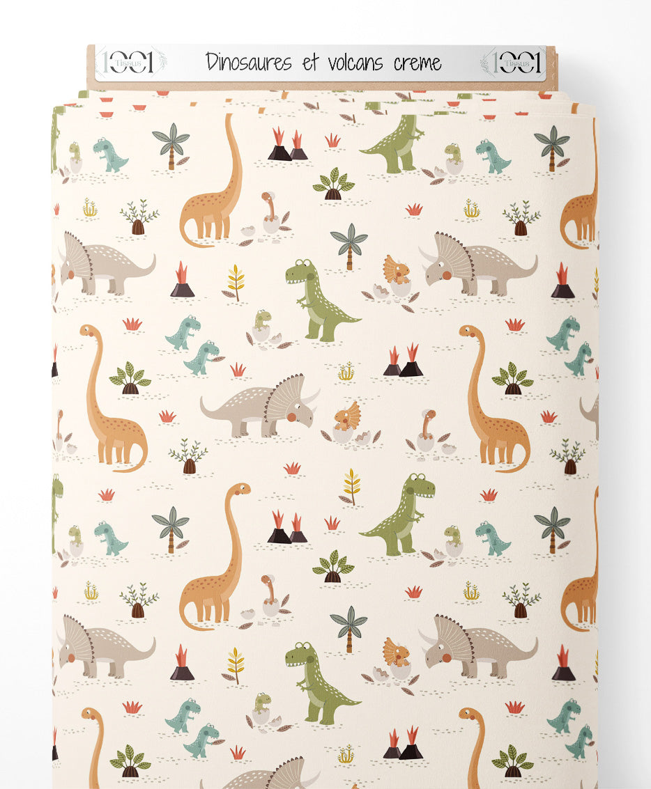 Tissu - Dinosaures et volcans crème