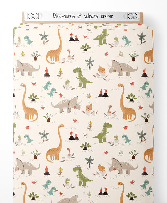 Tissu - Dinosaures et volcans crème