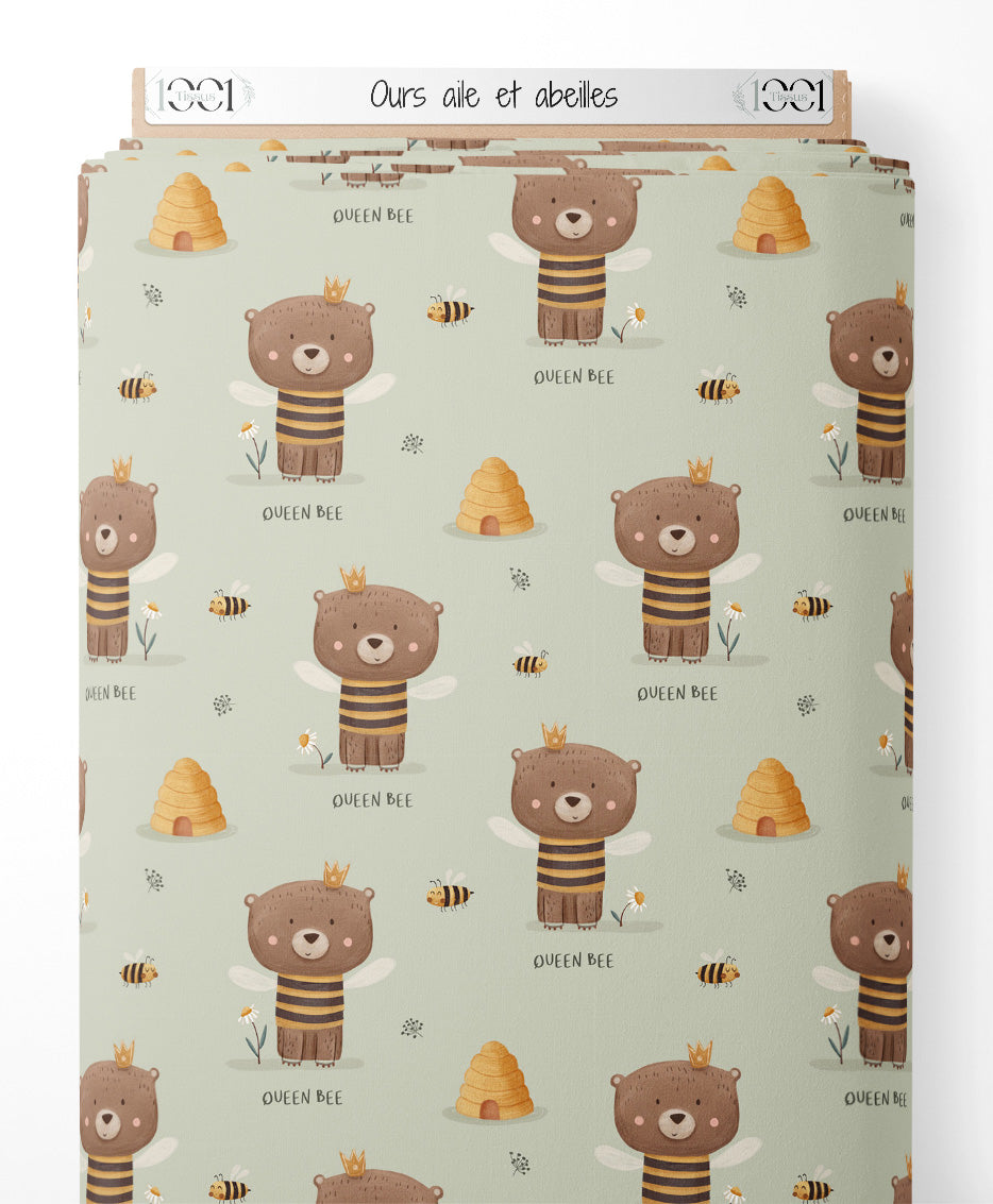 Tissu - Ours ailé et abeilles