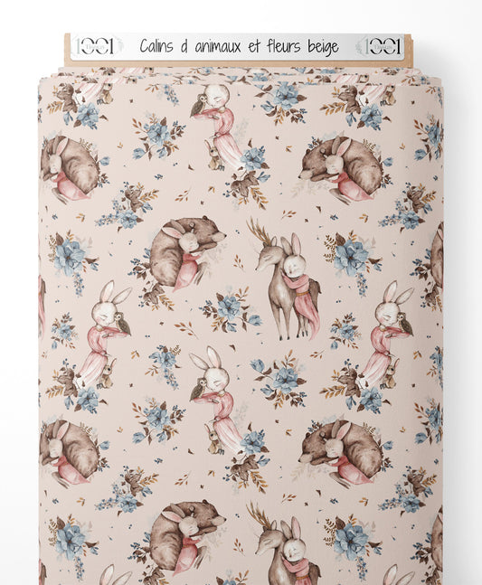 Tissu - Câlins d'animaux et fleurs beige