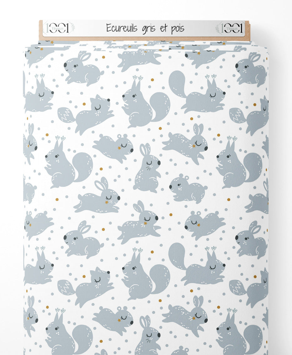 Tissu - Écureuils gris et pois