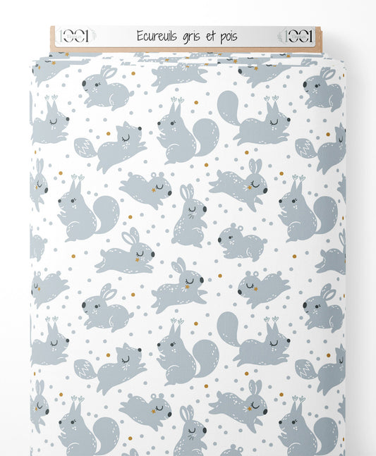 Tissu - Écureuils gris et pois