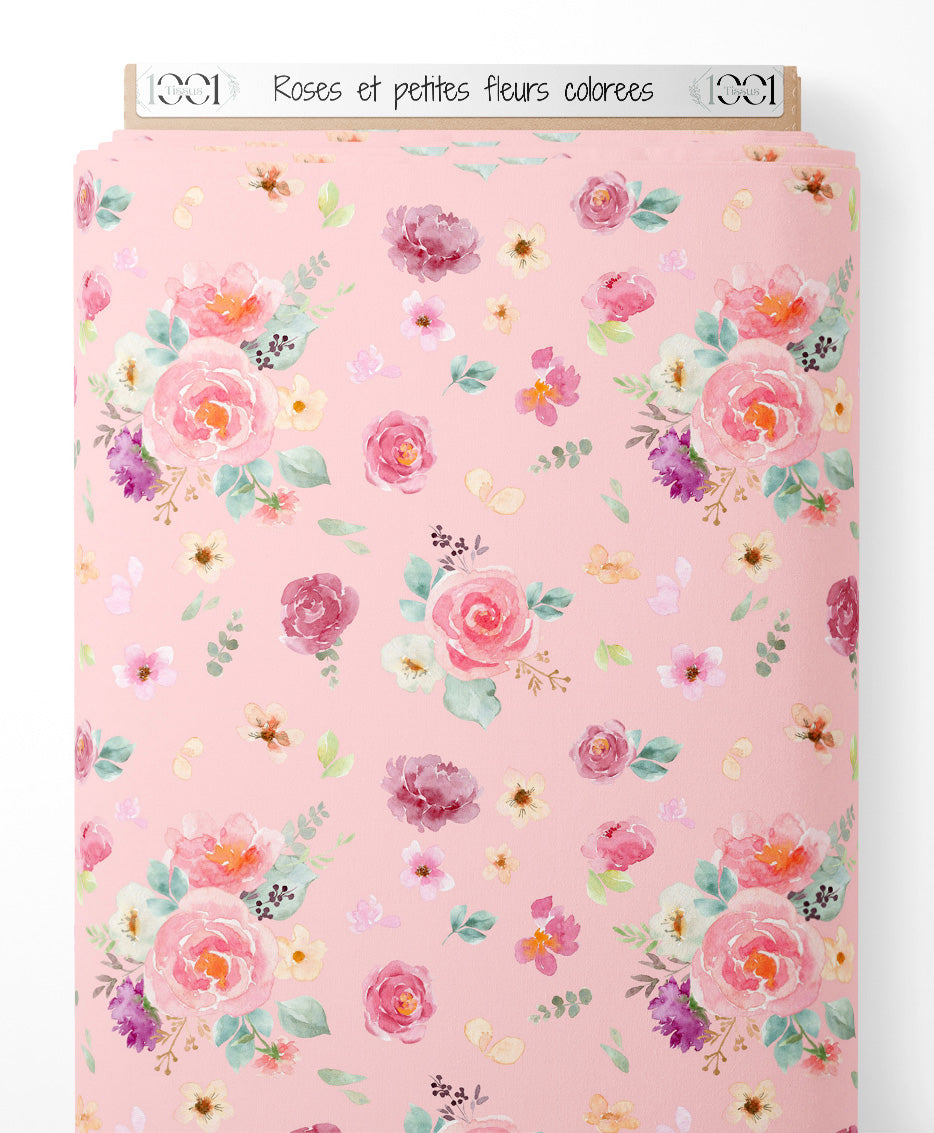 Tissu - Roses et petites fleurs colorées
