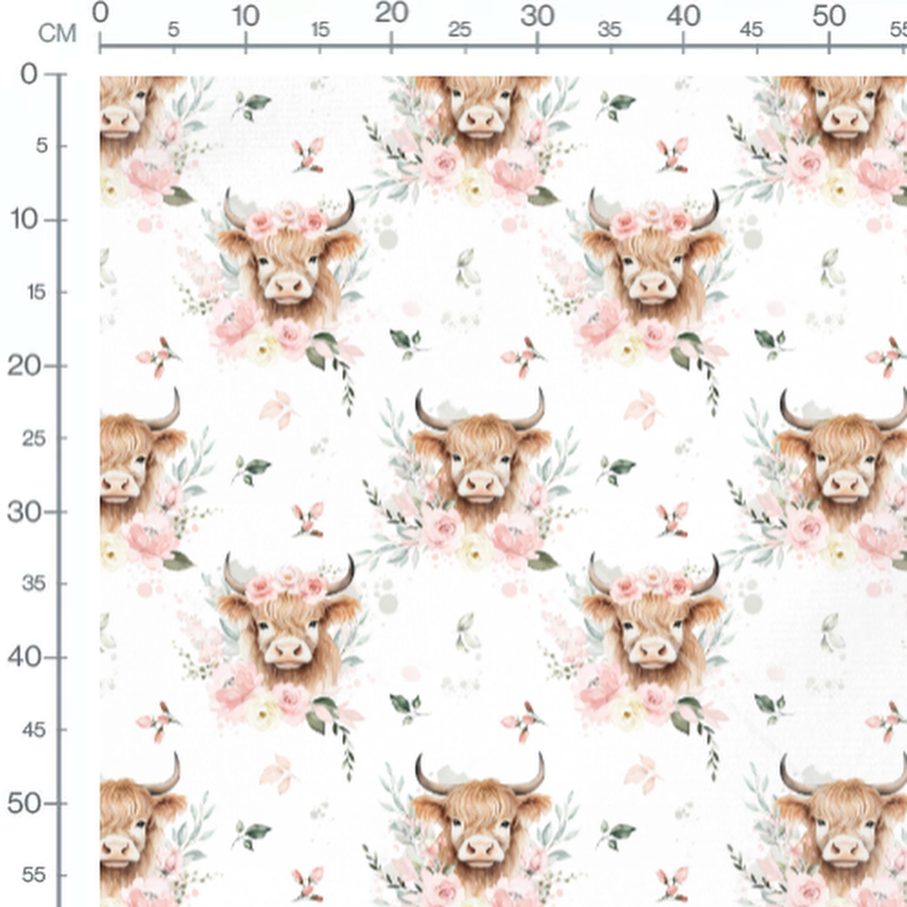Tissu - Vaches et fleurs sur fond blanc