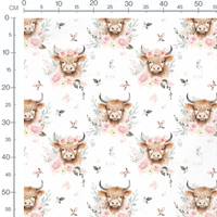 Tissu - Vaches et fleurs sur fond blanc