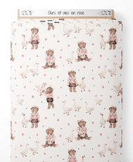Tissu - Ours et oies en rose