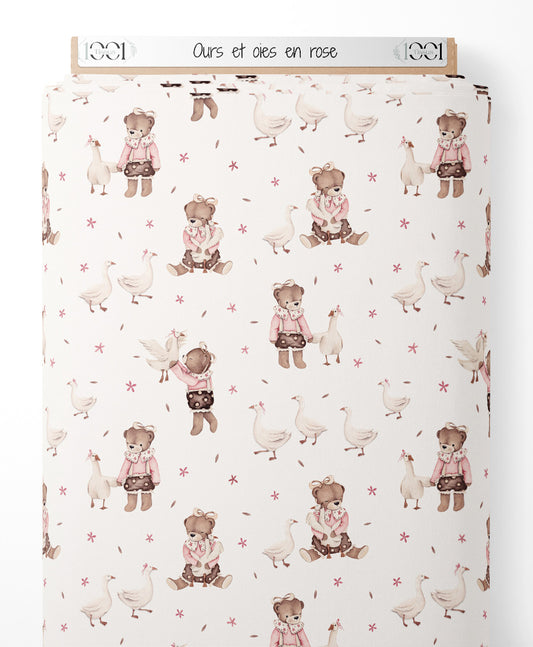 Tissu - Ours et oies en rose