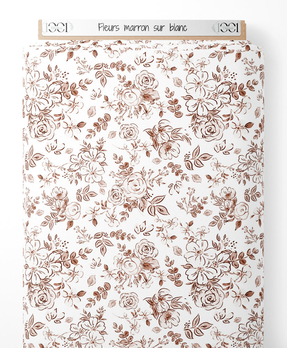 Tissu - Fleurs marron sur blanc