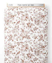 Tissu - Fleurs marron sur blanc