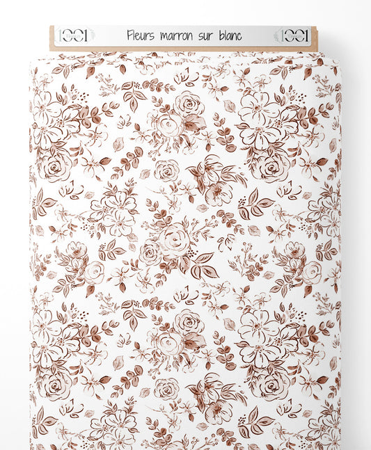 Tissu - Fleurs marron sur blanc