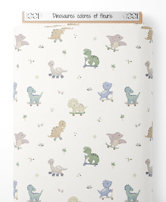 Tissu - Dinosaures colorés et fleuris