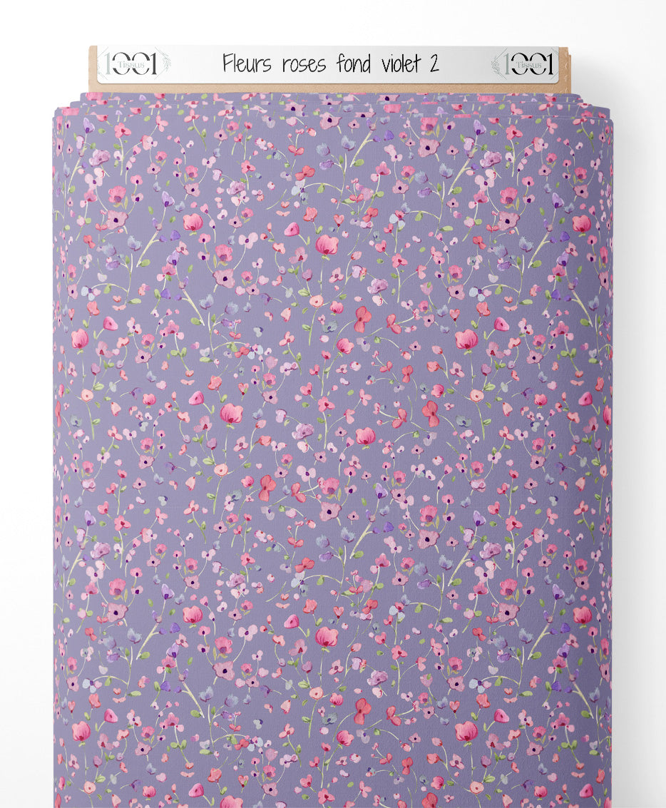Tissu - Fleurs roses sur fond violet 2