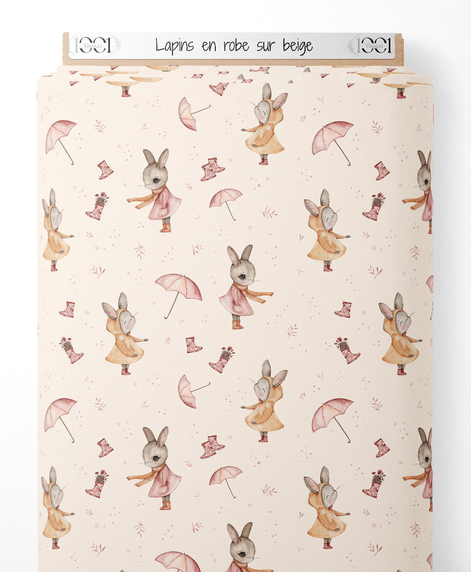 Tissu - Lapins en robe sur beige