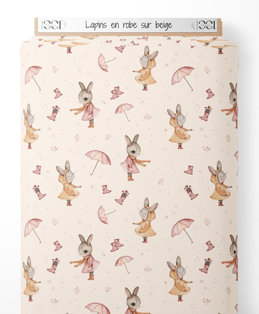 Tissu - Lapins en robe sur beige