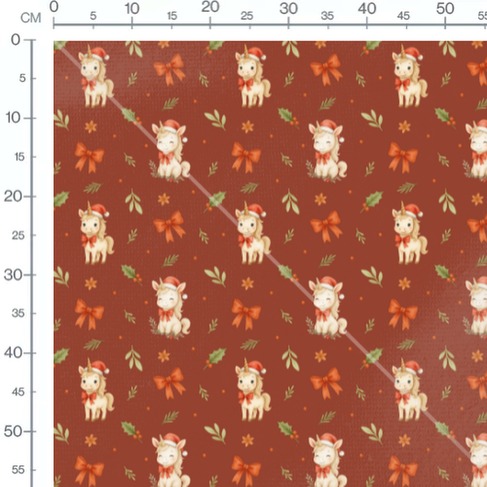 Tissu - Licornes de Noël sur fond rouge