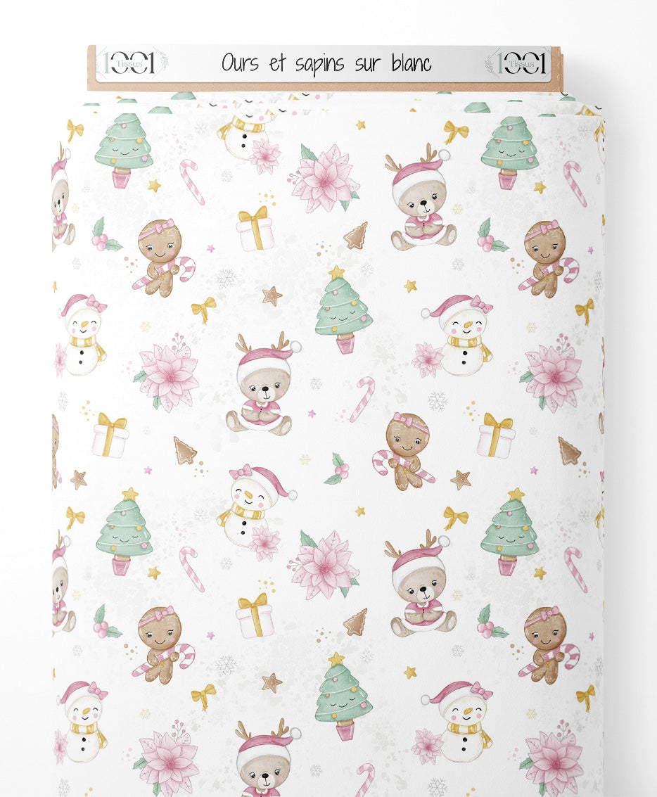 Tissu - Ours et sapins sur blanc