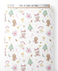 Tissu - Ours et sapins sur blanc
