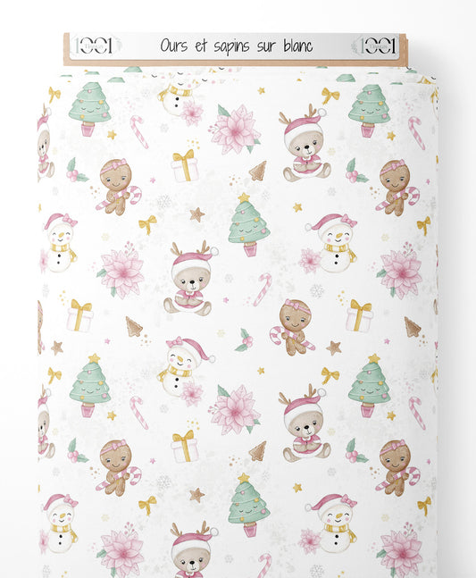 Tissu - Ours et sapins sur blanc