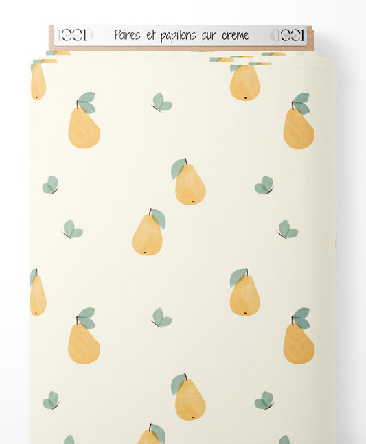Tissu - Poires et papillons sur crème