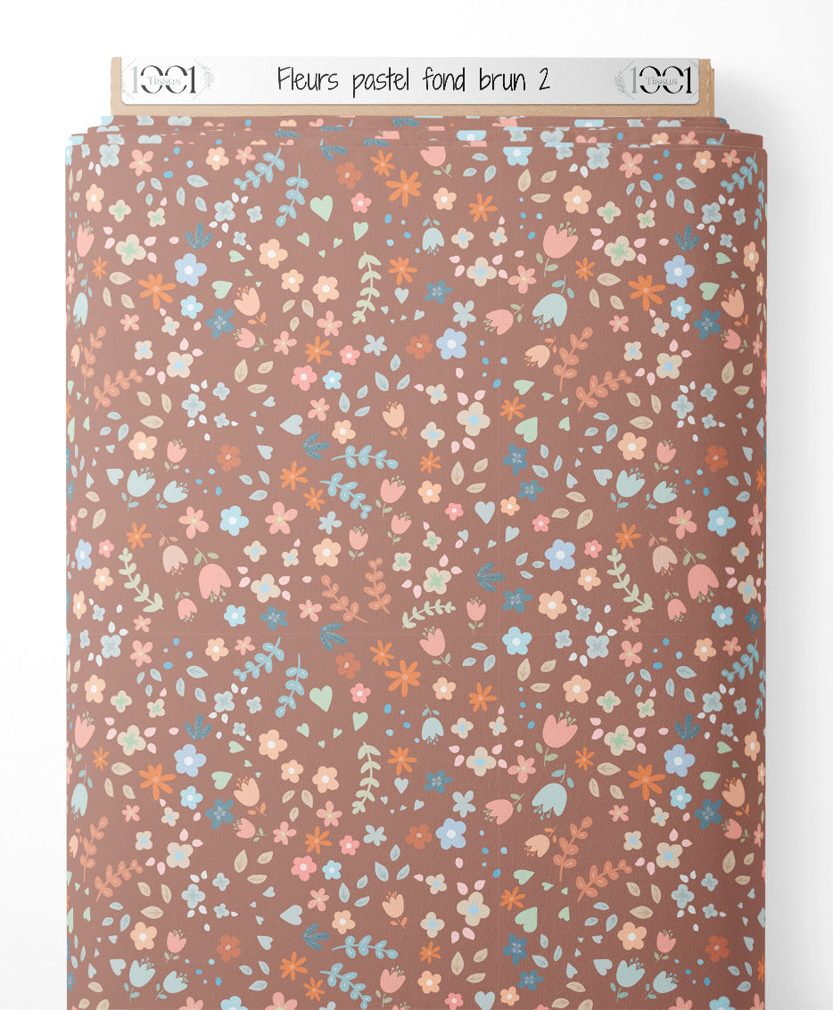 Tissu - Fleurs pastel sur fond brun 2