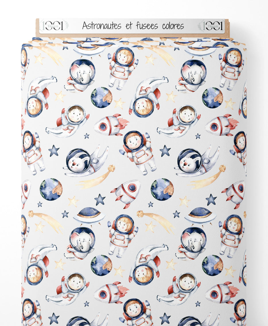 Tissu - Astronautes et fusées colorés