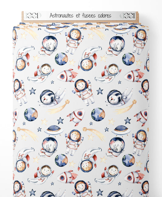 Tissu - Astronautes et fusées colorés