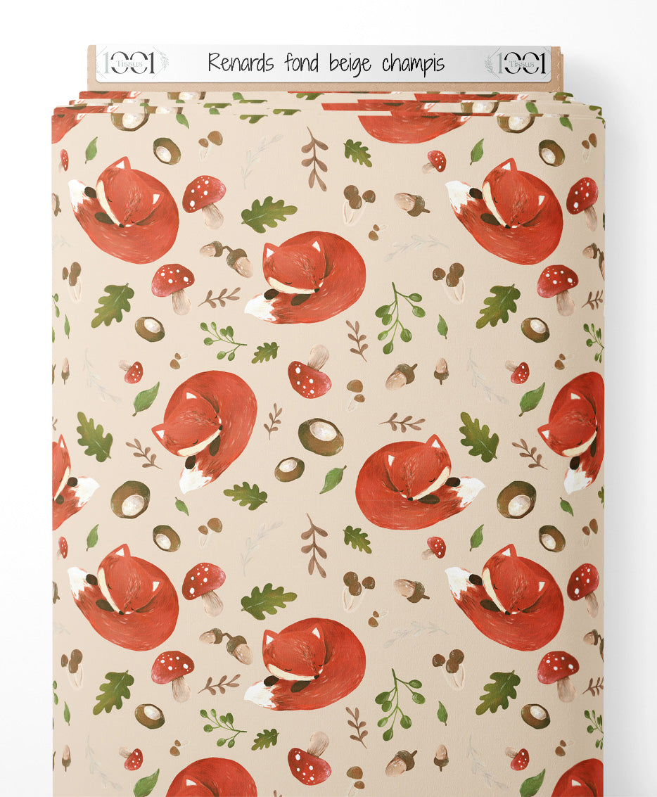 Tissu - Renards sur fond beige champis