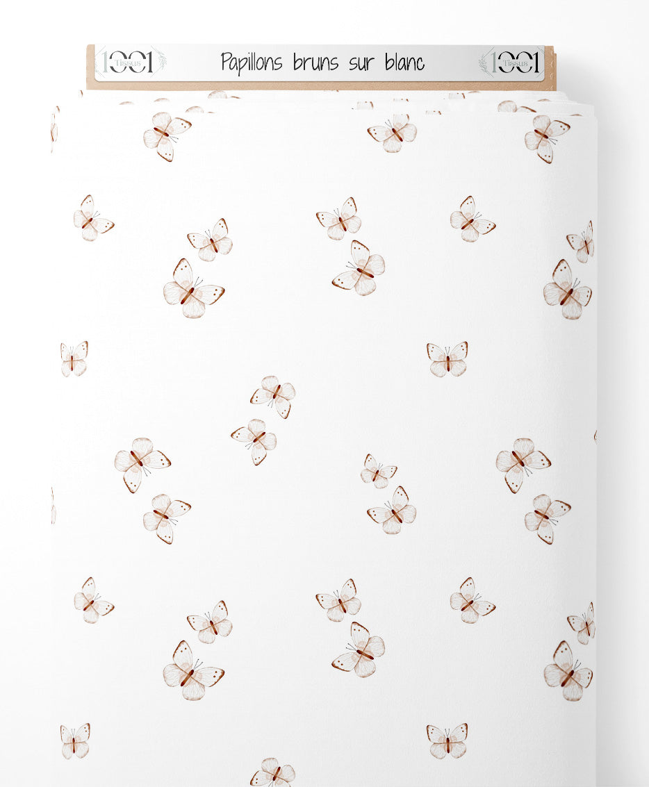 Tissu - Papillons bruns sur blanc