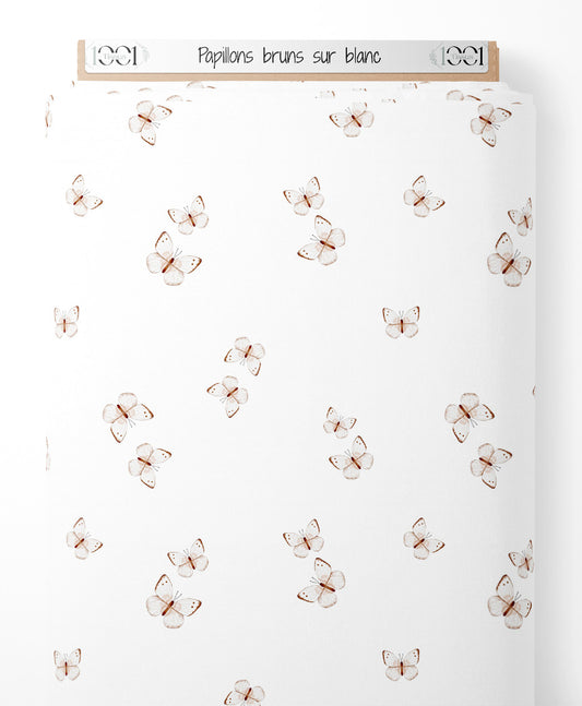 Tissu - Papillons bruns sur blanc
