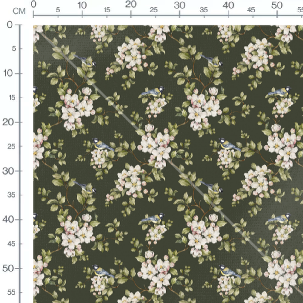 Tissu - Fleurs et mésanges sur fond vert