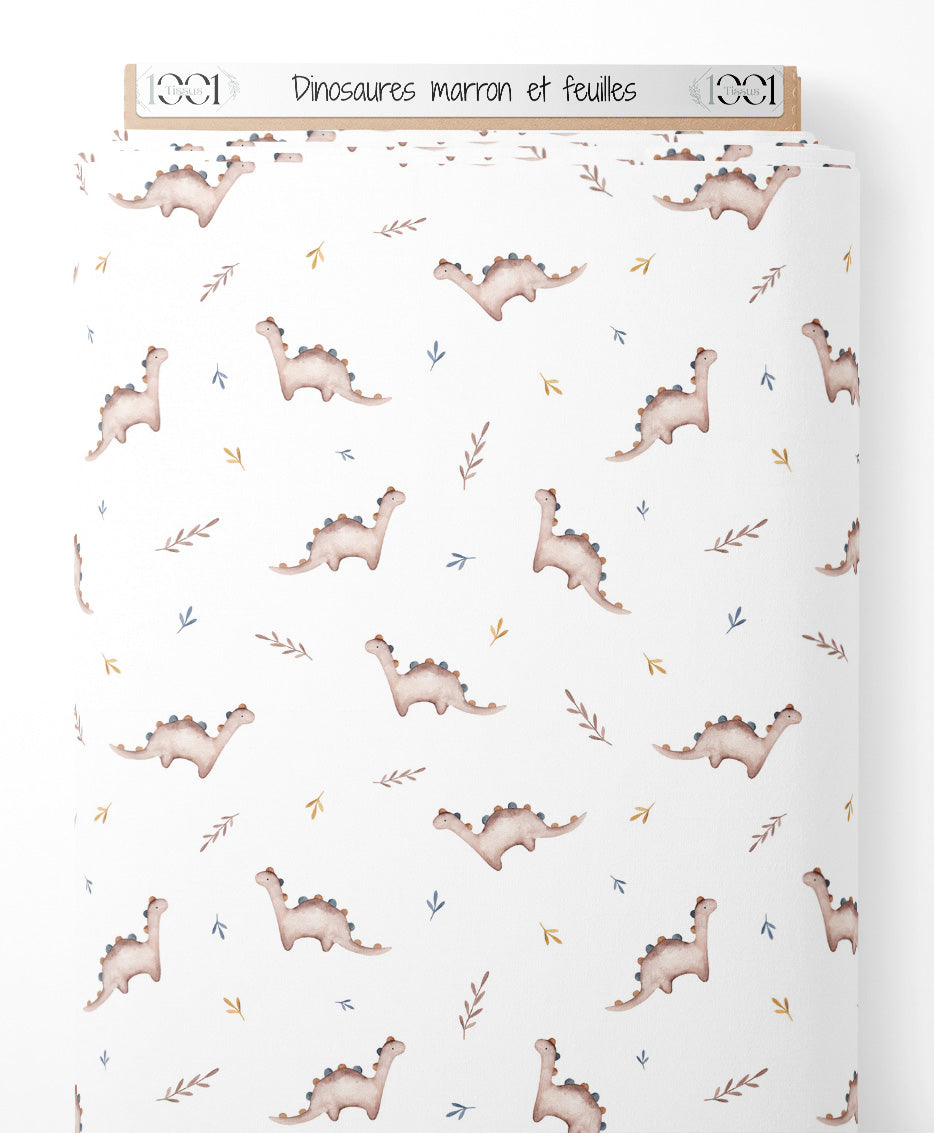 Tissu - Dinosaures marron et feuilles