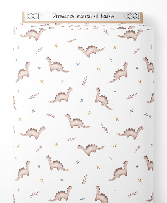 Tissu - Dinosaures marron et feuilles