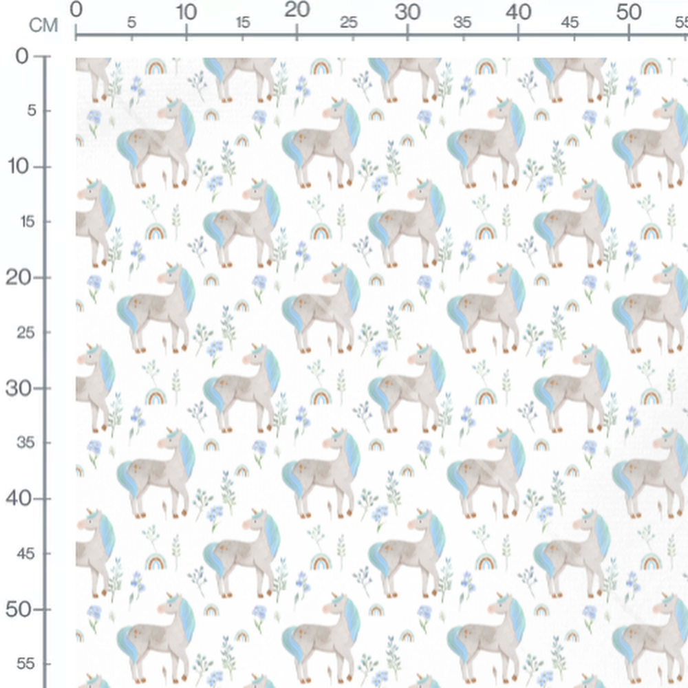 Tissu - Licornes blanches et fleurs vertes