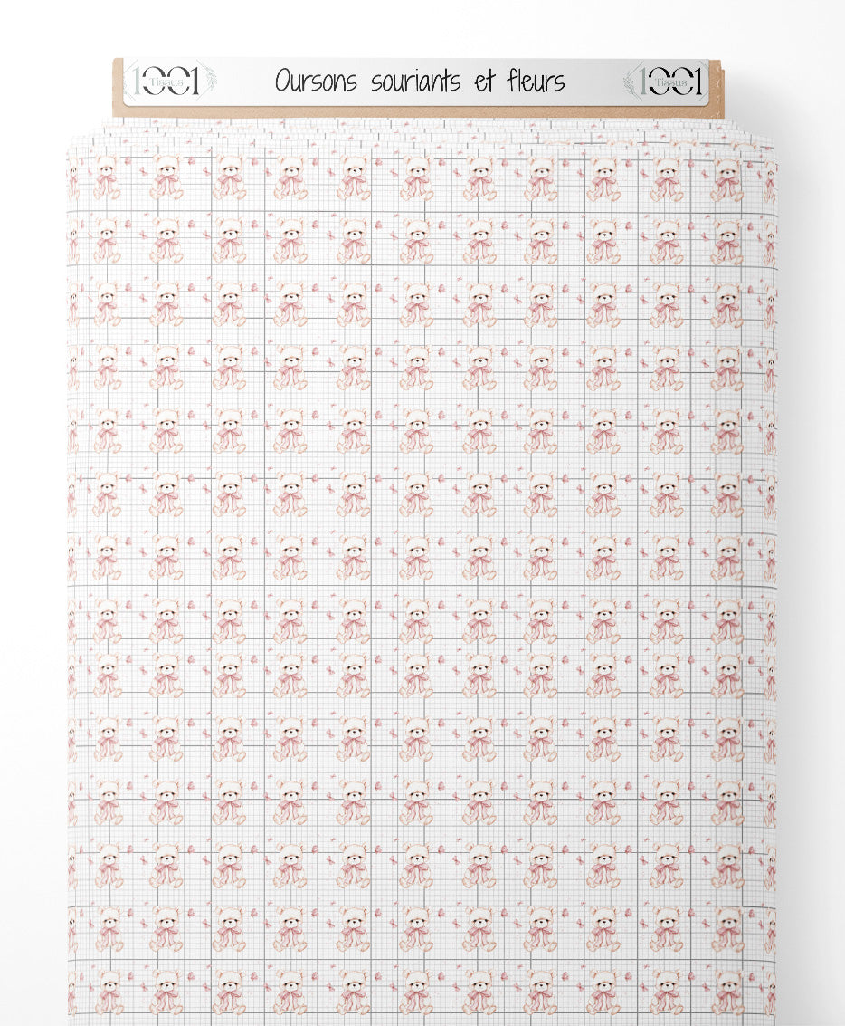 Tissu - Oursons souriants et fleurs