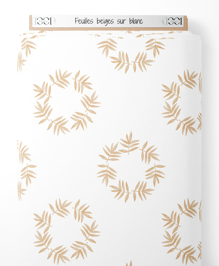 Tissu - Feuilles beiges sur blanc