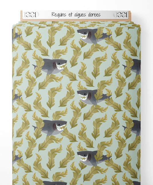 Tissu - Requins et algues dorées