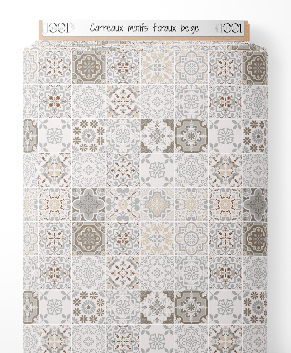 Tissu - Carreaux motifs floraux beige