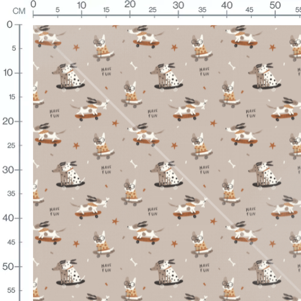 Tissu - Chiens sur skateboards beige