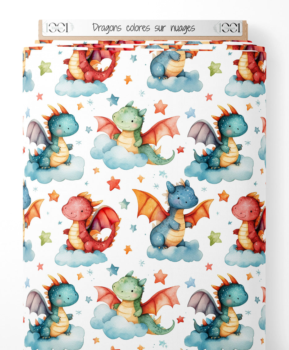 Tissu - Dragons colorés sur nuages