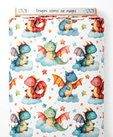 Tissu - Dragons colorés sur nuages