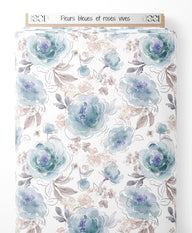 Tissu - Fleurs bleues et roses vives