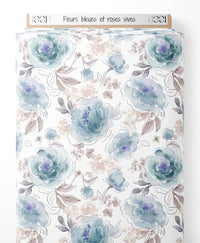 Tissu - Fleurs bleues et roses vives