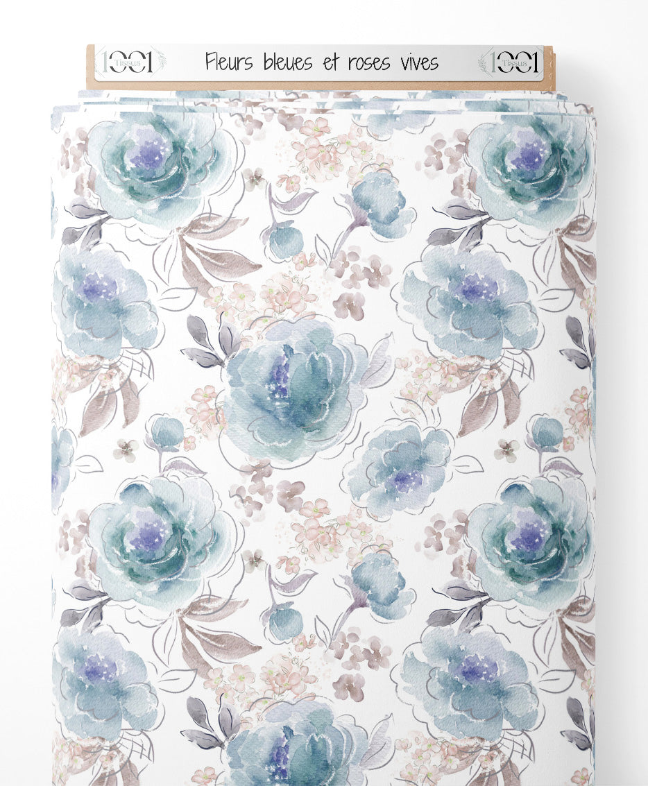 Tissu - Fleurs bleues et roses vives