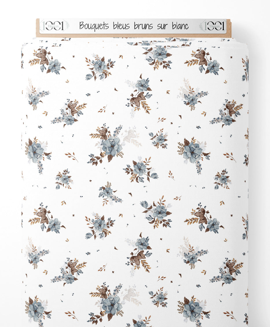 Tissu - Bouquets bleus bruns sur blanc