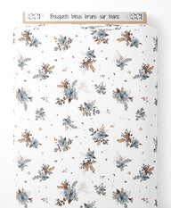 Tissu - Bouquets bleus bruns sur blanc